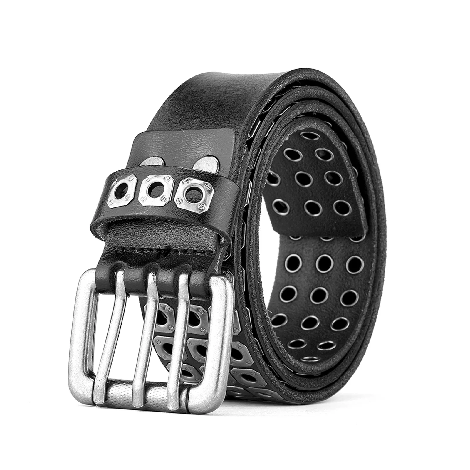 Pure Cowhide Men's Business Versatile Three Pin Buckle Leather Belt, Casual Retro Cool Personalized Trendy Hip-hop Jeans Belts