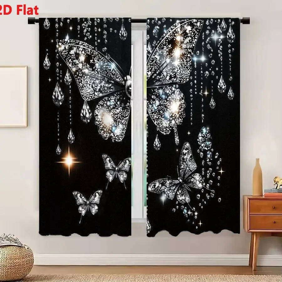2Pcs Curtains 2D Flat Black Background Glittering Crystal Butterfly Ornament with Teardrop Elements and Small Sparkles Window Dr