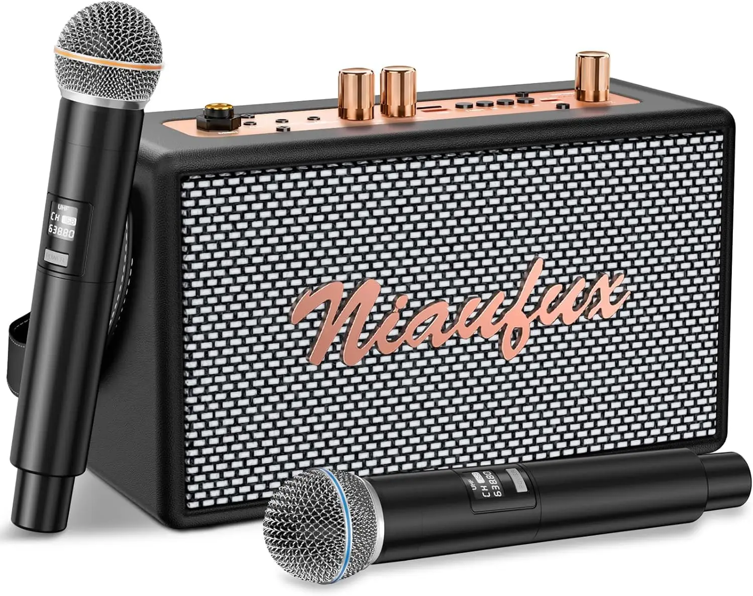 Karaoke Machine, Retro-Styled Portable Speaker with 2 Wireless Microphones, Bluetooth/AUX/USB/TF/TWS Connectivity, Home Party Entertainment for Adults and Kids, Ideal Gift for Women and Girls