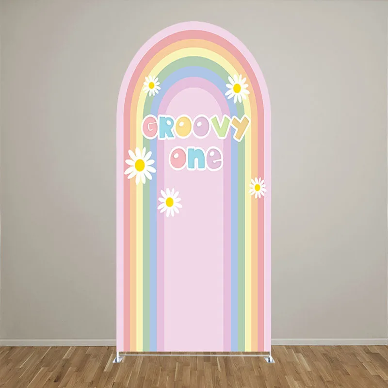 

Mehofond Custom 2-Sided Groovy One Daisy Rainbow Birthday Party Baby Shower Covers Chiara Arch Background Decor Backdrop Photo