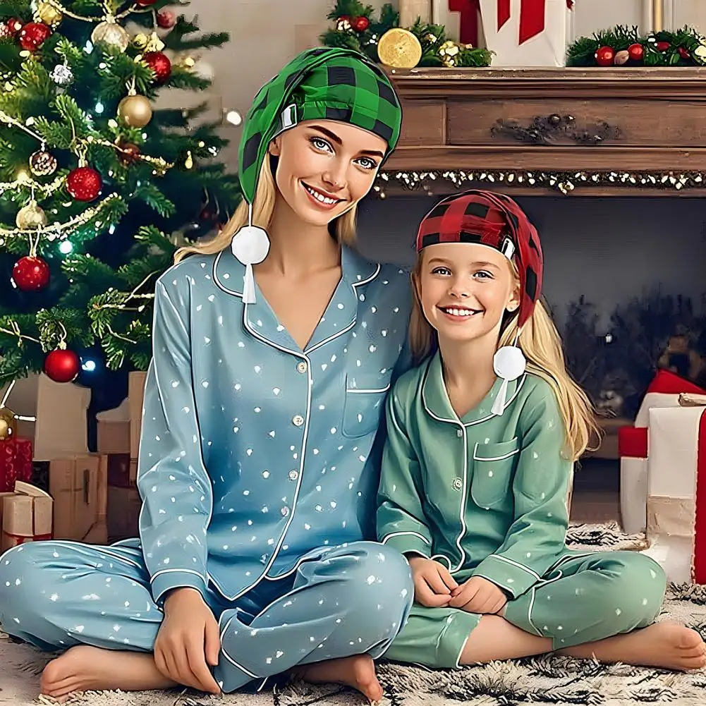 Soft Comfortable Christmas Hat Men's Adjustable Night Sleeping Cap Buffalo Plaid Santa Hat with Pom Ball Tassel Thick Lined