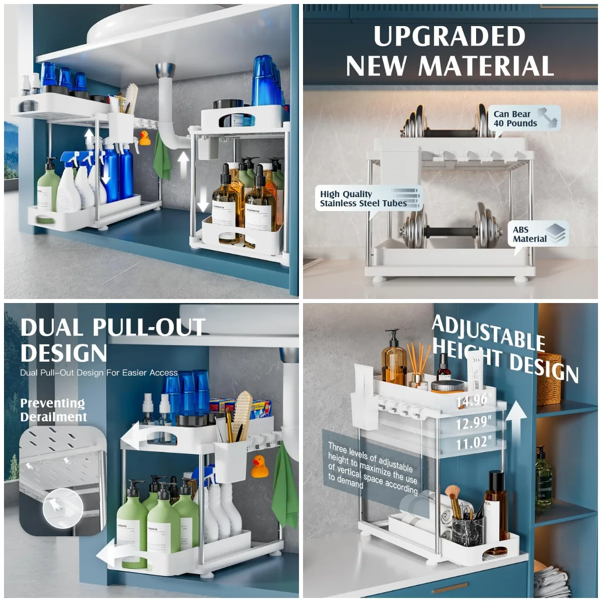 

2 Pack Under Sink Organizers, Adjustable 2-Tier Kitchen Bathroom Storage, White