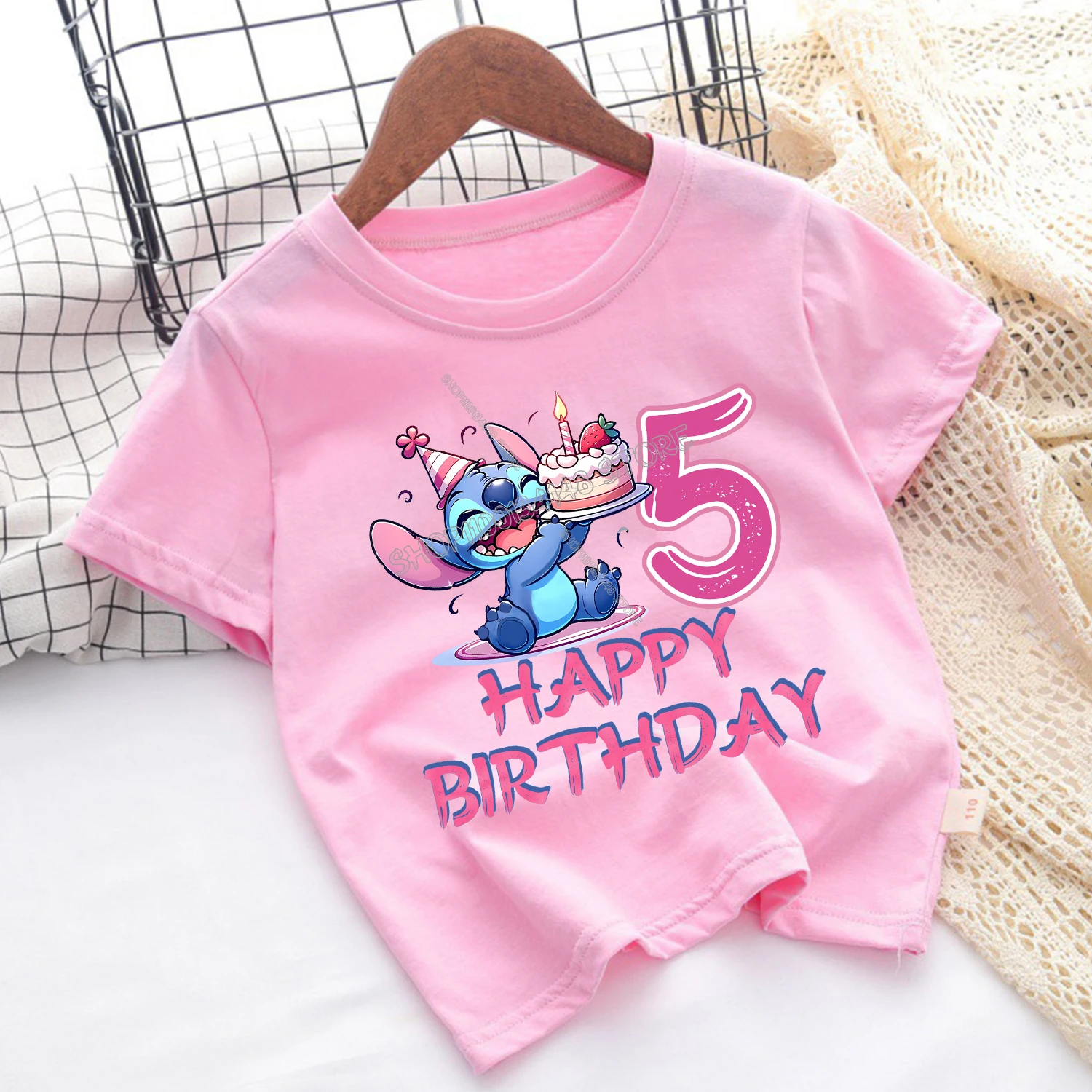 Disney Lilo Stitch T-shirt for Children Cute Cartoon Figure Tee Pink Cotton T-shirt Fashion Birthday Short Sleeve Loose Clothing