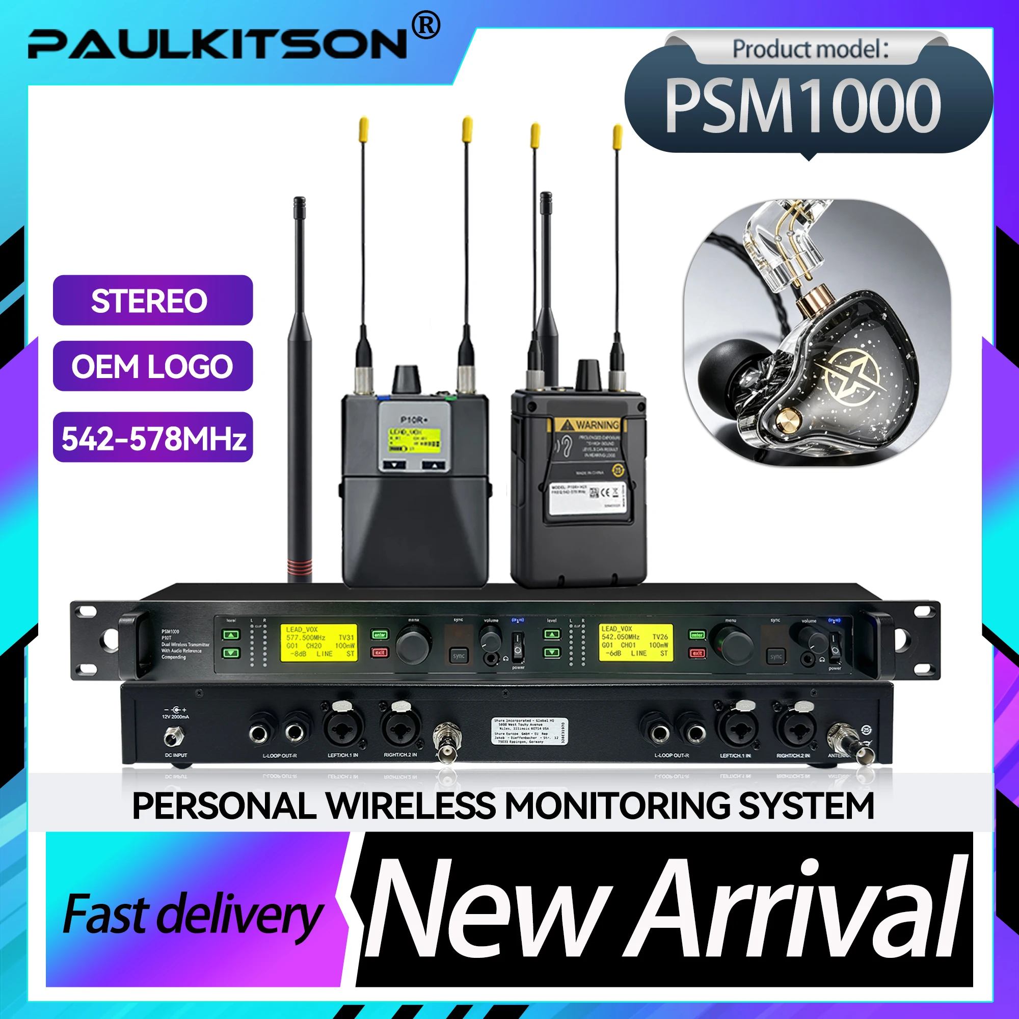 PAULKITSON PSM1000 Wireless In-Ear Monitor System Stereo Dual Channel Personal IEM Stage Monitoring 542-578MHz with Earphones