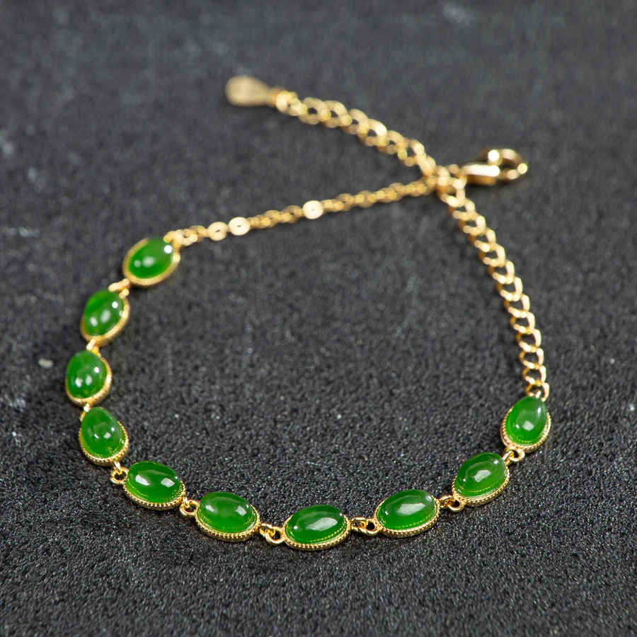 

TIMESWIND Natural Jade Green Authentic Oval Beads S925 Silver Fine Jewelry Women Bracelet with Certificate