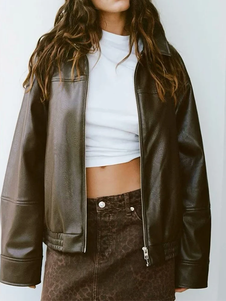 Primavera 2025 Nuovo Retro Ecopelle Jaet Street Sle da donna Loose Fit Lungo Sve Chiusura con cerniera Cappotto pilota Capispalla alla moda