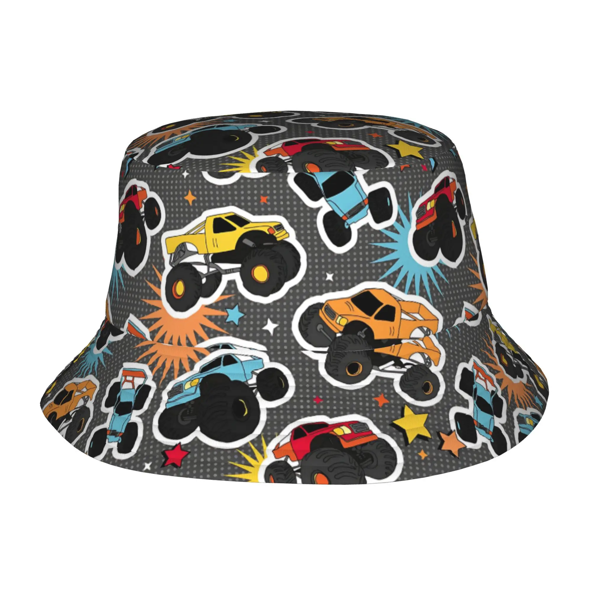 Colorful Monster Truck Design Fully Covers This Unisex Fisherman Hat, Making It An Ideal Outdoor Sun Hat Stylish
