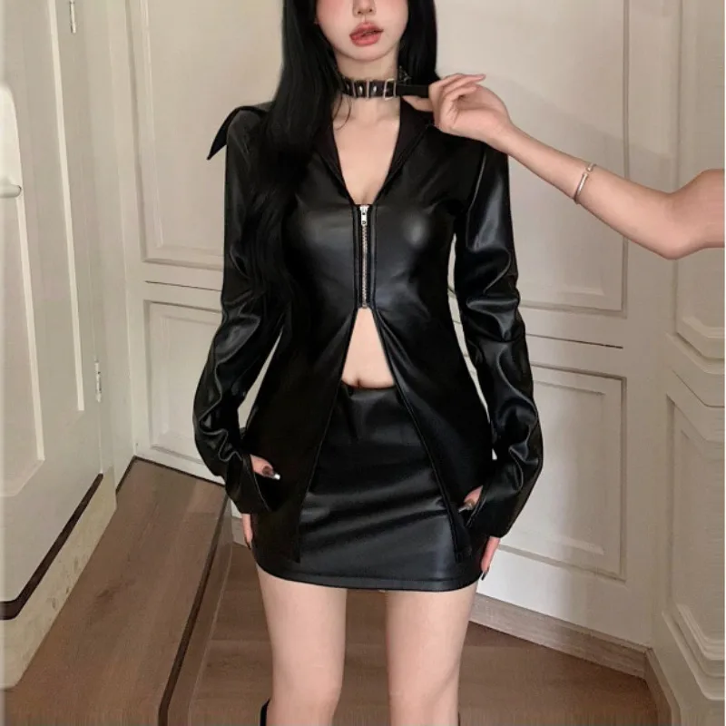 PU Leather Black Jacket Two Piece Set Skirt Suits Women Solid Colors Motor Style Hollow Out Zippers Outwears Cool Girls Clothing