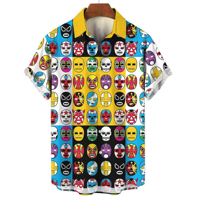 Vintage Men\'s Shirt 3d Mexican Wrestling Printed Shirts Short Sleeve Casual Cardigan Clothing For Male Summer Tops Lapel Blouse