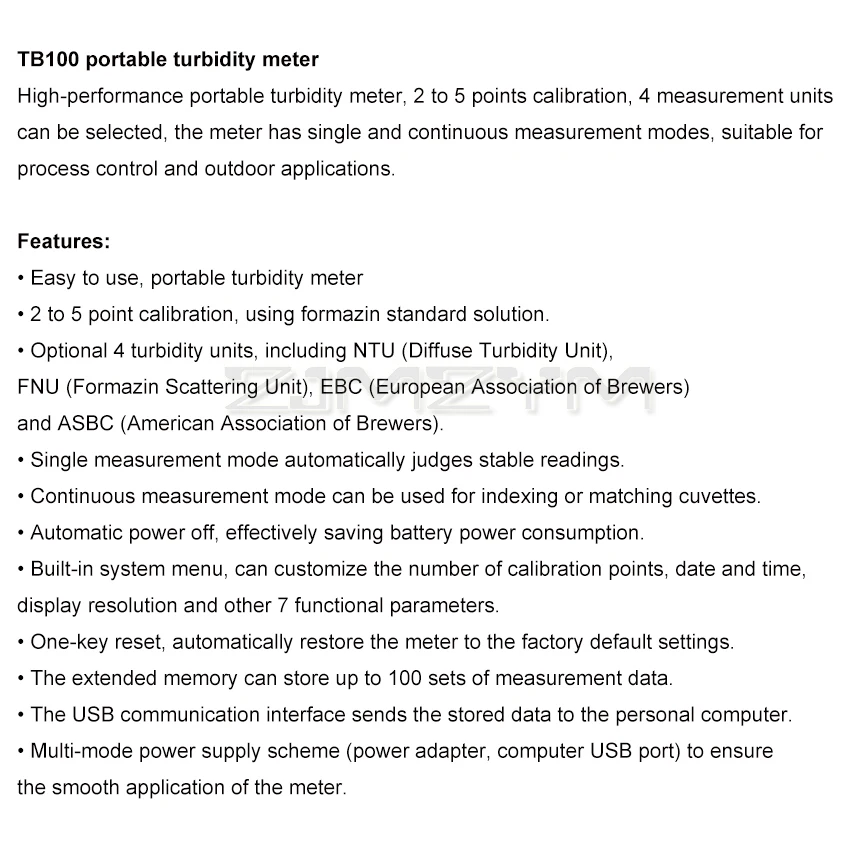 TB100 Portable Turbidity Meter Turbidimeter turbidity meter Tester analyzer with USB output 4 Turbidity Units NTU FNU EBC ASBC