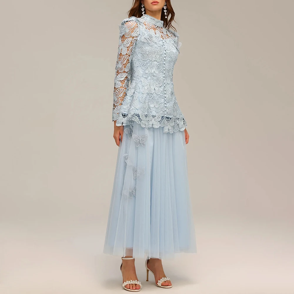 TWOTWINSTYLE Solid Two Piece Sets for Women Stand Collar Long Sleeve Spliced Applique Top High Wasit Patchwork Mesh Skirt Female