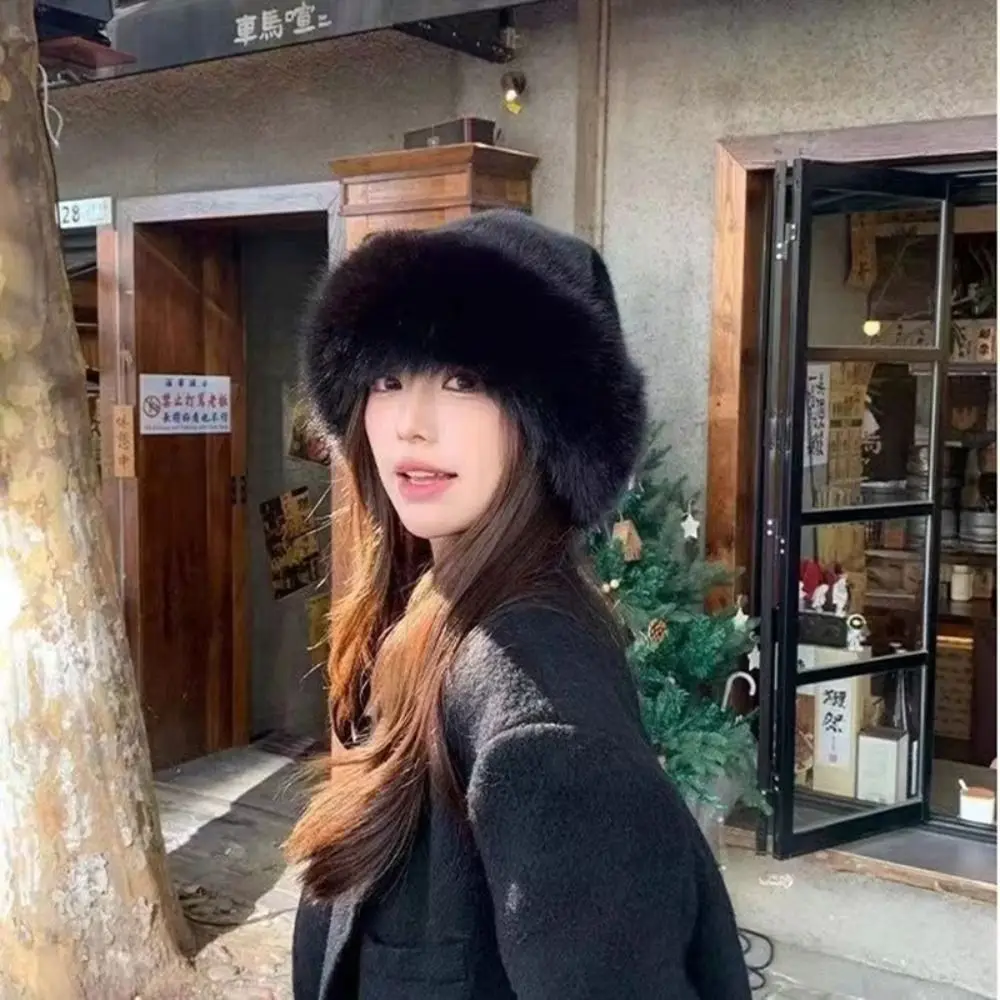 Cute Warm Cap Faux Fur Mink Hat Bucket Hat Solid Color Plush Basin Cap Korean Style Solid Beanie Apparel Accessories