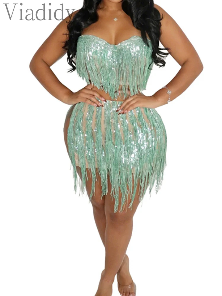 

Женский комплект из 2 предметов, сексуальный укороченный топ без бретелек с кисточками и блестящими кисточками, мини-юбки, сексуальные наряды