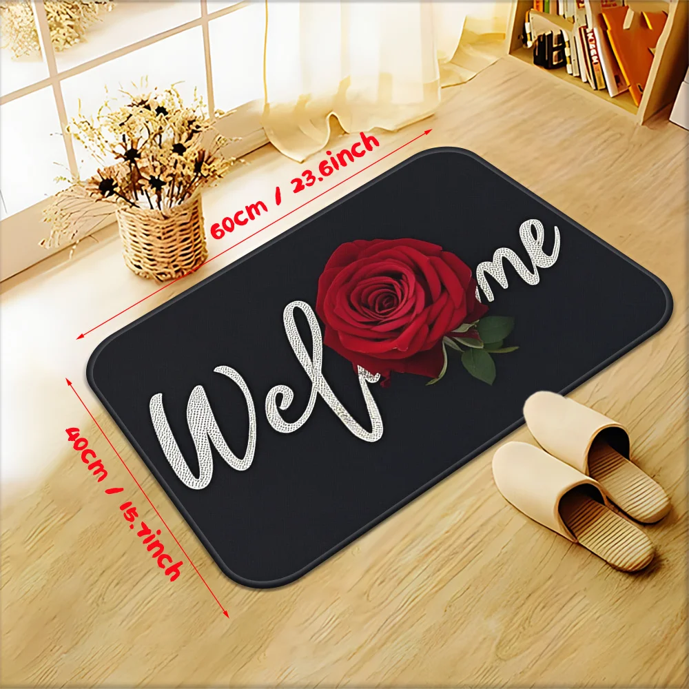 Welcome Doormat for Entryway Porch Mat Rose Floral Design Polyester House Decor Modern Script Mat for Front Door Decoration