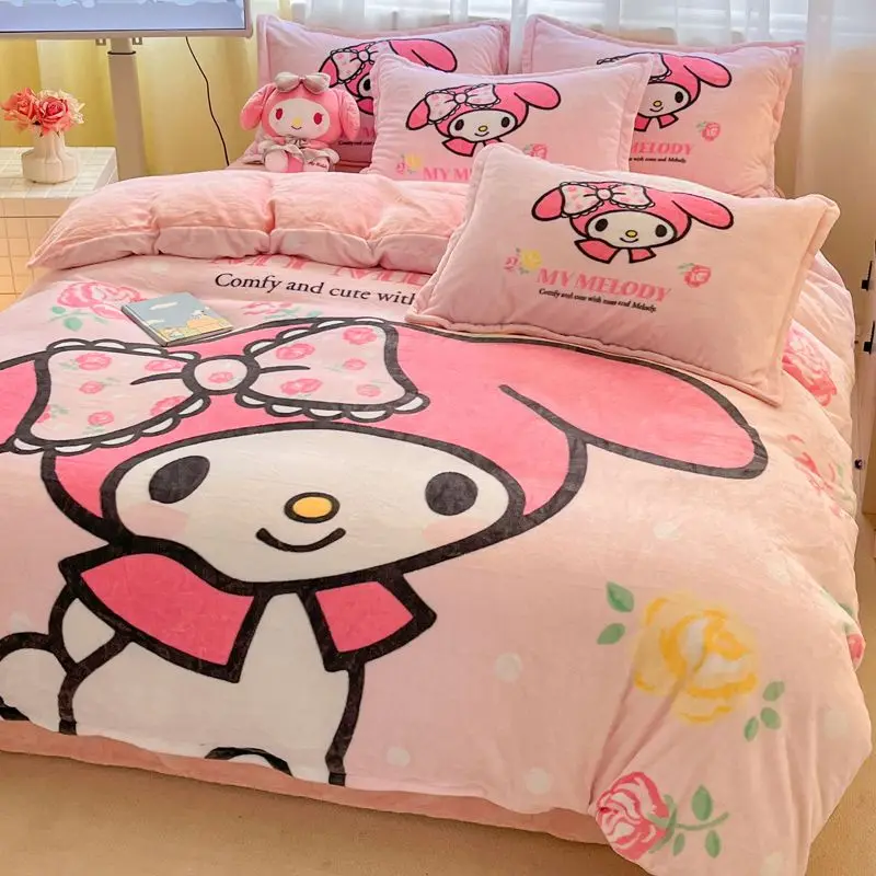 

Winter Thickened Double-Sided Velvet Sanrio 4Piece Set Melody Cinnamoroll Kuromi Bed Sheet Quilt Cover Dormitory 3Piece Set Toy