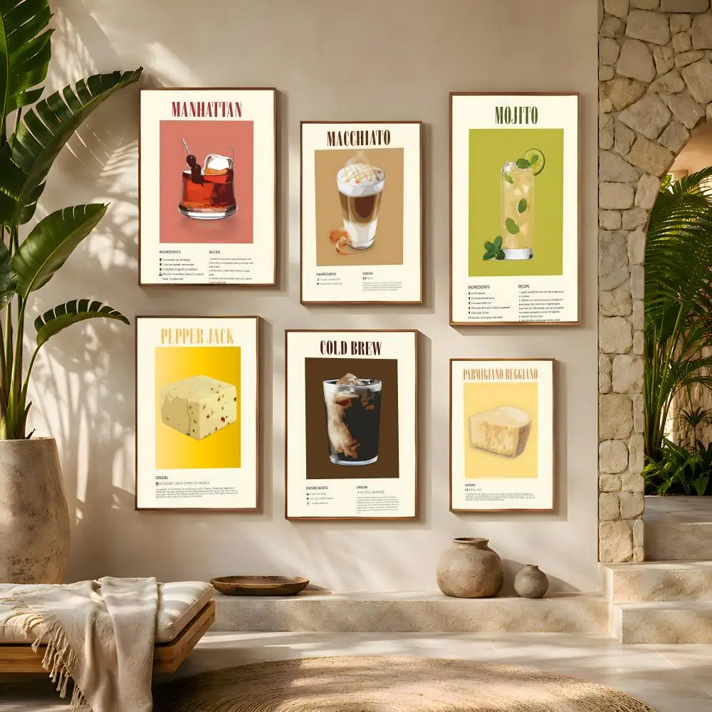 Mojito Espresso Whiskey Cocktail Poster 1PC HD Matte Self Adhesive Wall Art No Frame Waterproof Removable Bedroom Living Room De