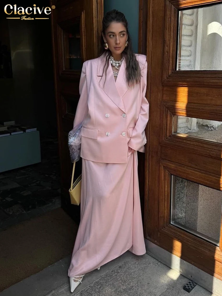 Clacive Fashion Luźny różowy satynowy damski dwuczęściowy zestaw 2025 Elegancka marynarka z długim rękawem i spódnicą maxi z wysokim stanem dla kobiet