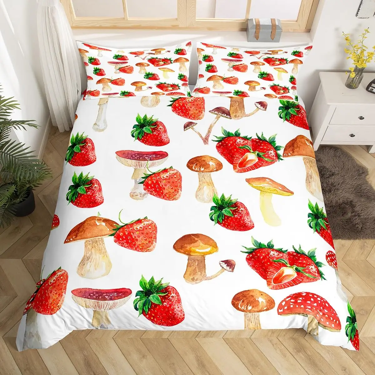 Mushroom Bedding Set para crianças e adultos, Comforter Set, Impresso Quilt Bed Set, Botanical Plant Theme, 265x228cm, 260x220cm