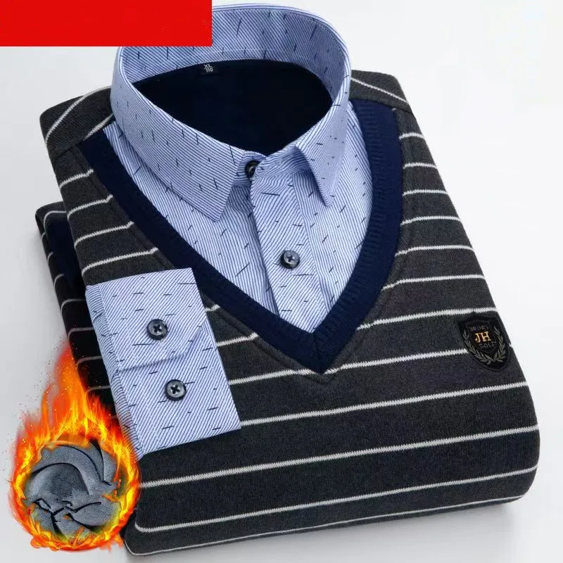 2025 Winter and autumn fleece-lined warm pullover men's fashionable, individualistic, slim-fit business-style sweater L-4XL