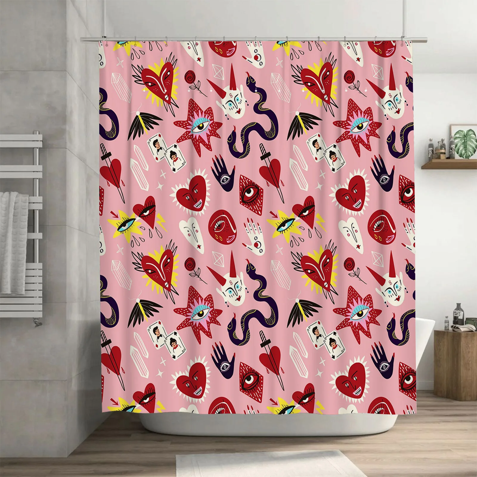 Pink Patterned Shower Curtain with Halloween Symbols Gothic Decor Printed Fabric Waterproof Bath Rug Cover (L) 60x72in