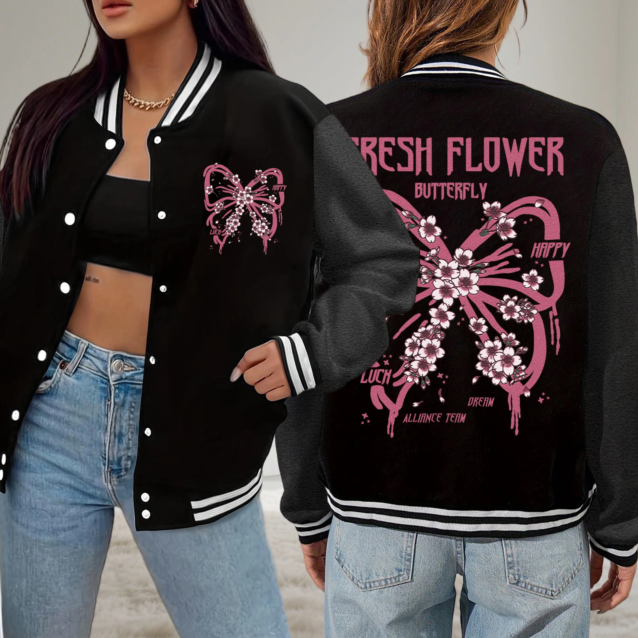

Fresh Flower Butterflies Pattern Women Baseball Uniform Hip Hop Button Jacket Casual Loose Streetwear Autumn All-Match Top
