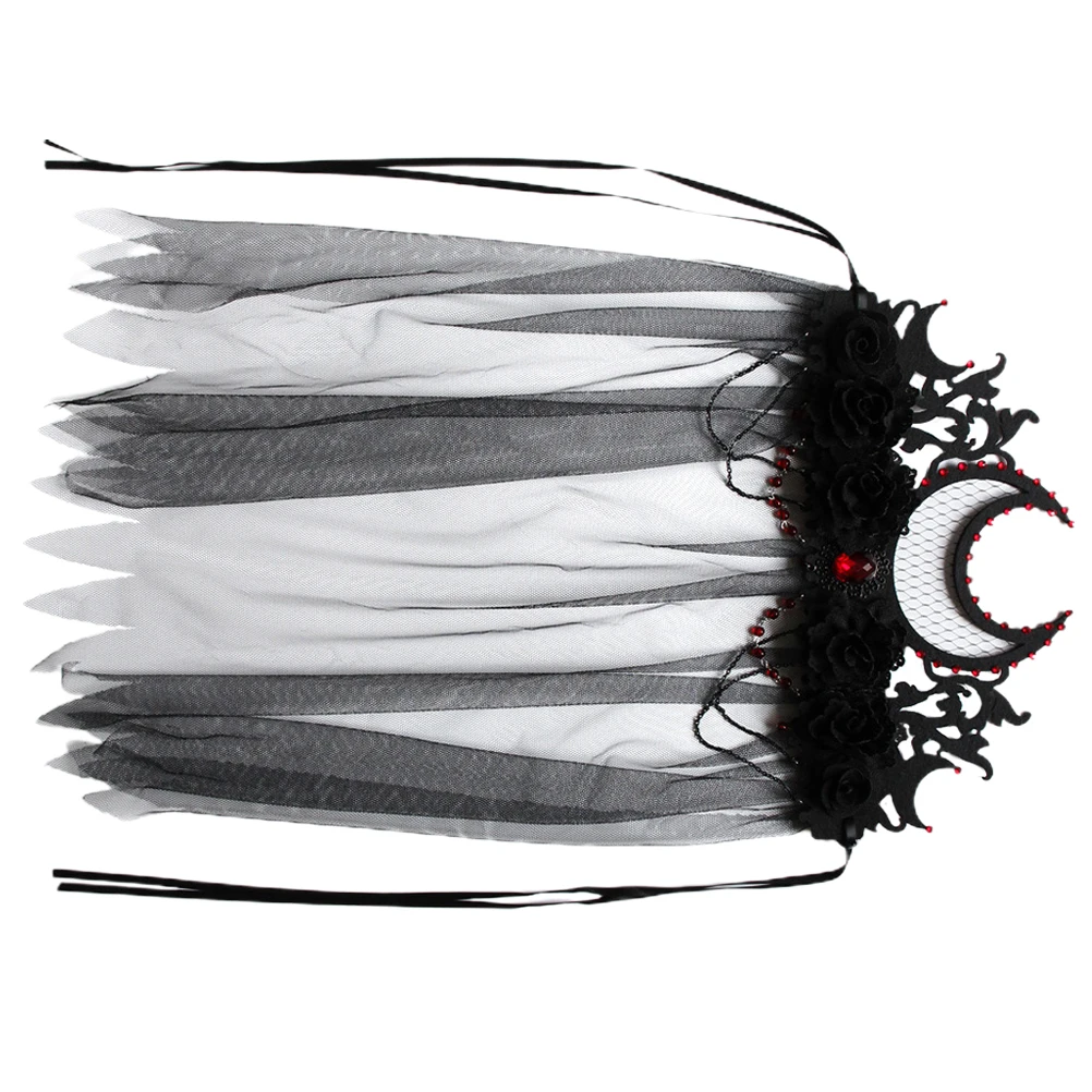 Gothic Crown Headwear with Black Veil for Halloween Costume Party Witch Masquerade Accessory Women Cosplay Stage Performance