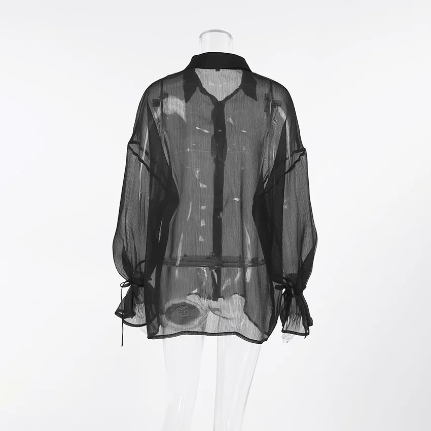 

New Fashion See Through Blouses Women Streetwear Black Sexy mesh Blouse Shirt Chic Twomen Shirt Tops