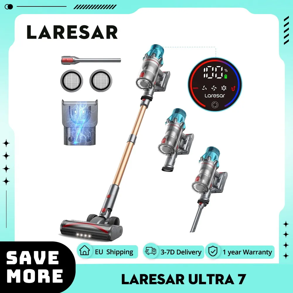 Laresar Ultra 7 Cordless Stick Vacuum, 550W/45kPa Powerful Suction, Touch Screen, Up to 60 Mins Runtime 8*2500mAh Battery LED