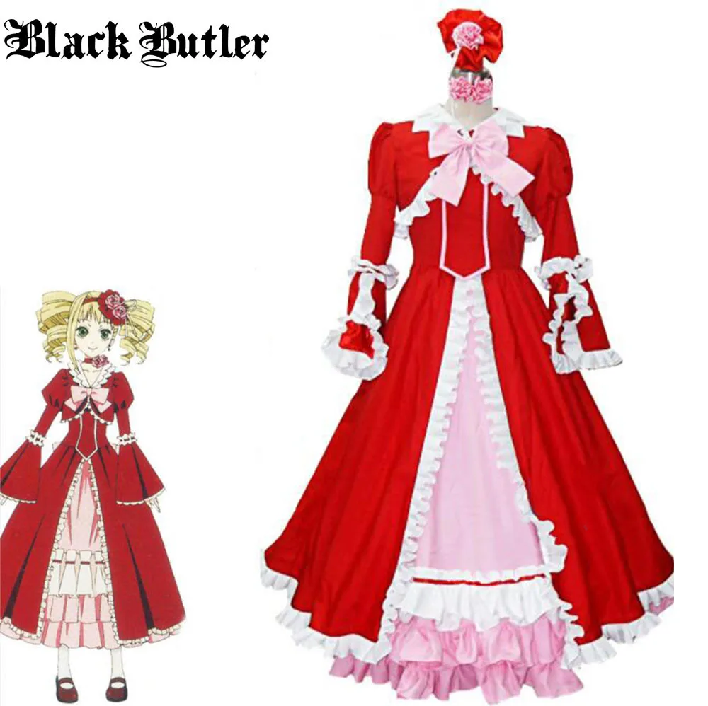 Black Butler Kuroshitsuji Elizabeth Cosplay Costume Red Fancy Dress Lolita Dress Wig Halloween Costume Women Custom Any Size