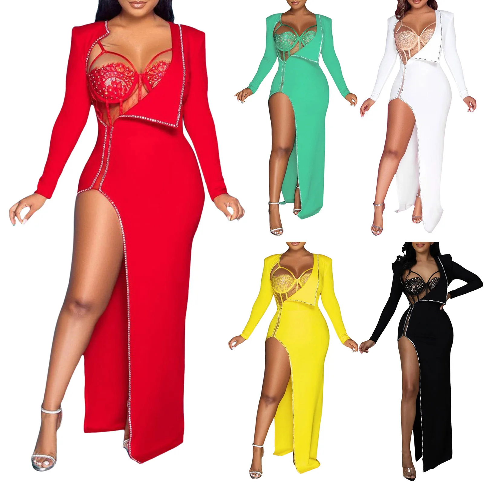 Sexy Dresses For Women Date Night  Mesh Glitter Sparkly Sequins Hollow Out Red Dresses For Women Side Slit Bodycon Dresses 2024