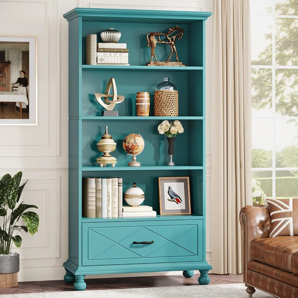 

6-Shelf Bookcase with Drawer, 71 Inch Tall Floor Standing Bookshelf with Solid Wood Legs, 6-Tier Large Open Display Storage Boo