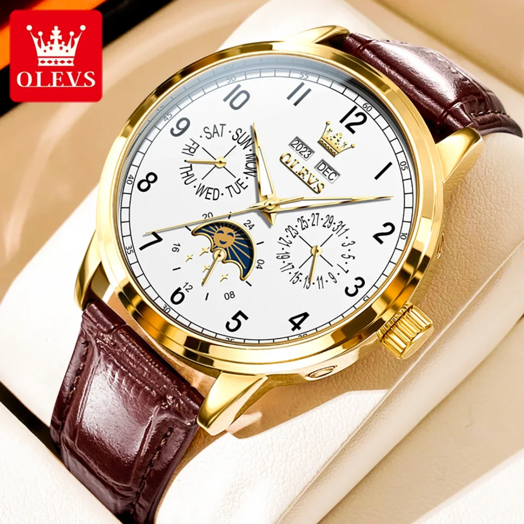 OLEVS 6698 Mechanical Business Watch Genuine Leather Watchband Round-dial Month Display Week Display Calendar Year display