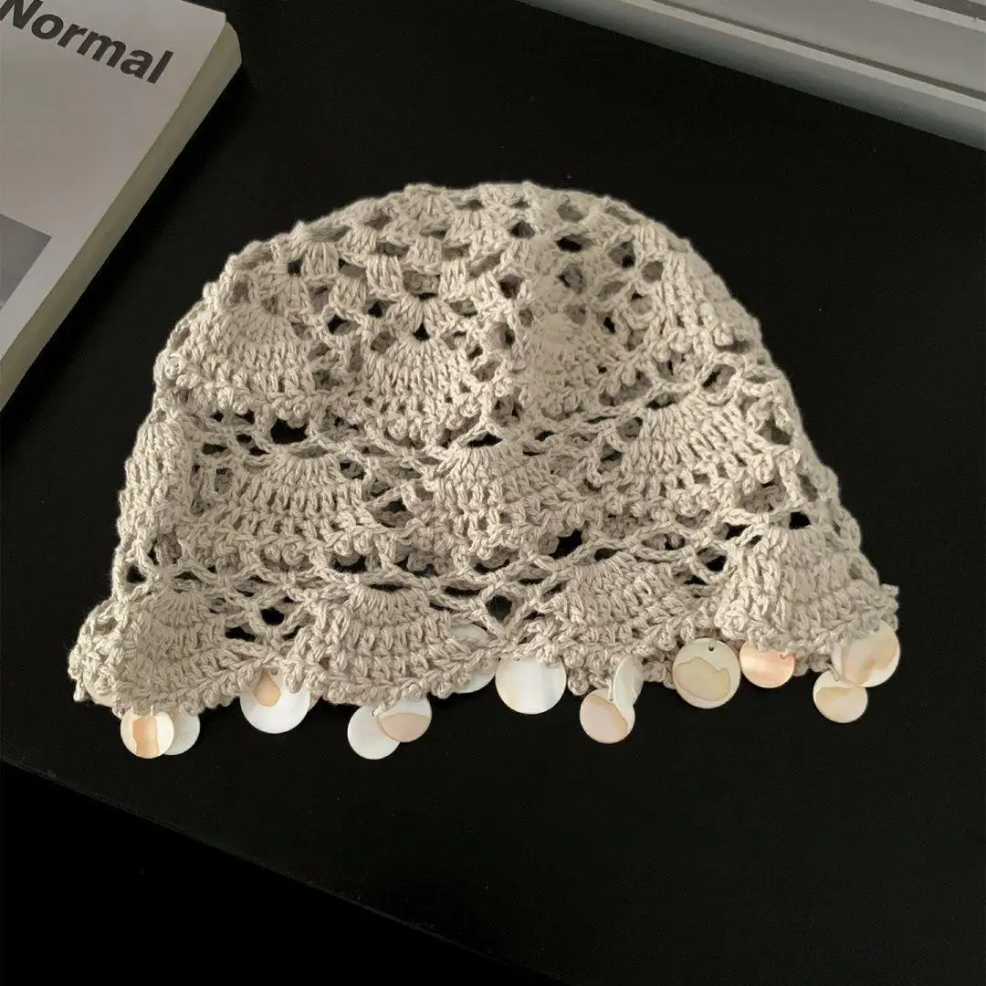 New Shell Plate Tassels Beanie Hat for Women Summer Fashion Hollow Handmade Crochet Beanie Breathable Pullover Knitted Skull Hat