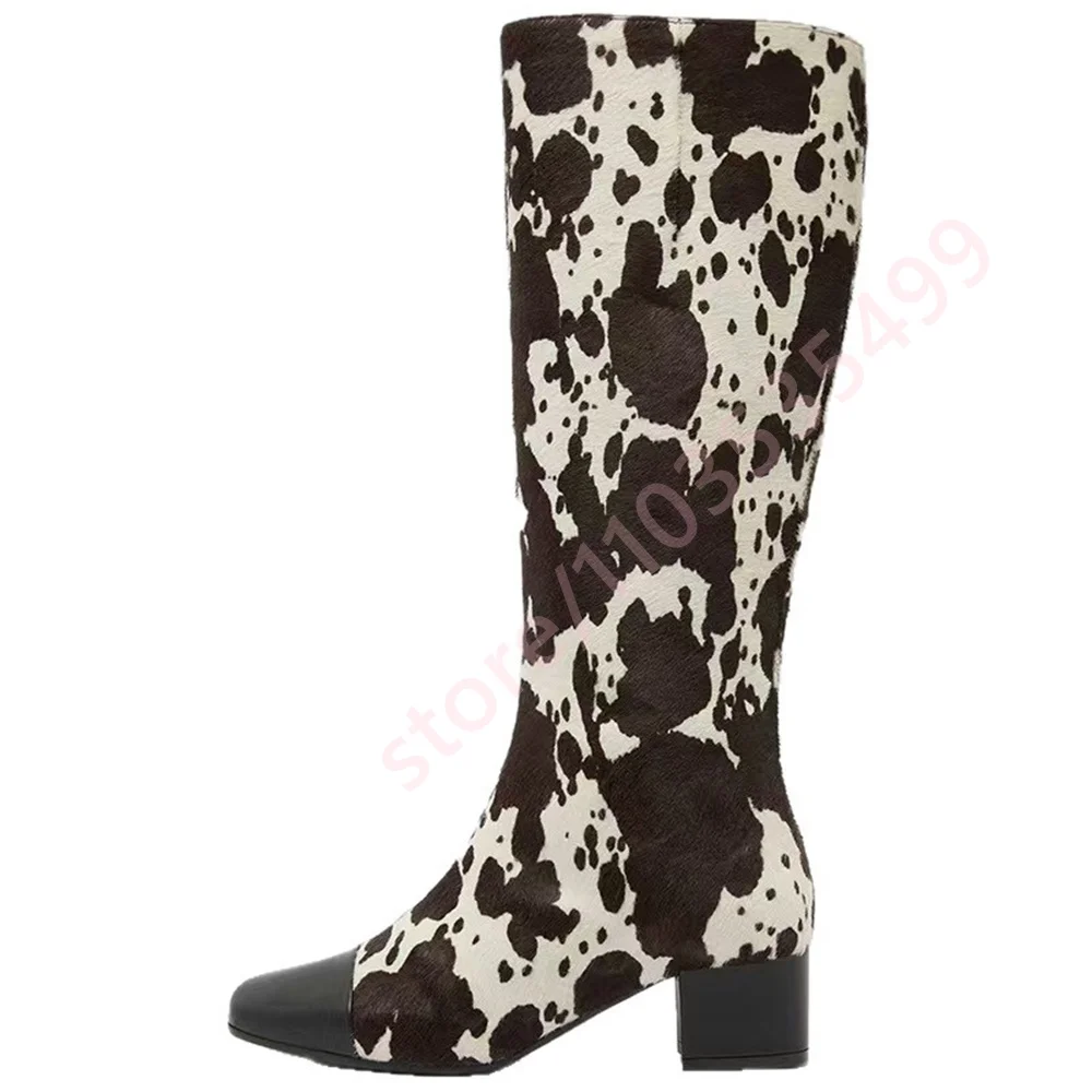 خريف جديد مختلط اللون البقرة طباعة الأحذية الغربية 2025 أشار تو مثير صندل بكعب مكتنز ركوب التمهيد الشارع نمط سستة أحذية طويلة