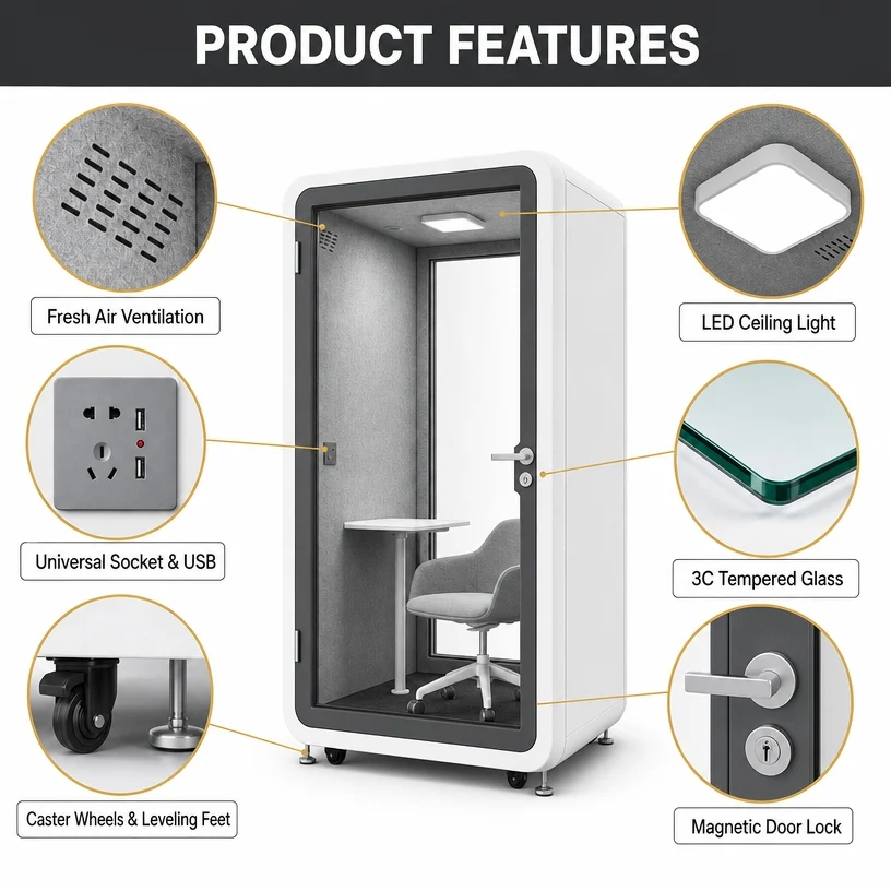 Acoustic Pod Meeting Booth Soundproof Office Pod Movable Modular with Ventilation LED Lighting Office Phone Booth Factory Direct