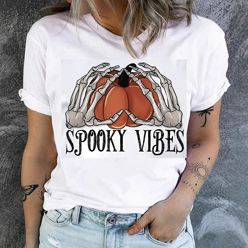 Women's Round Neck White Short-sleeved T-shirt Halloween Print Stand Alone Harajuku  Graphic T Shirts Summer polyester fabric