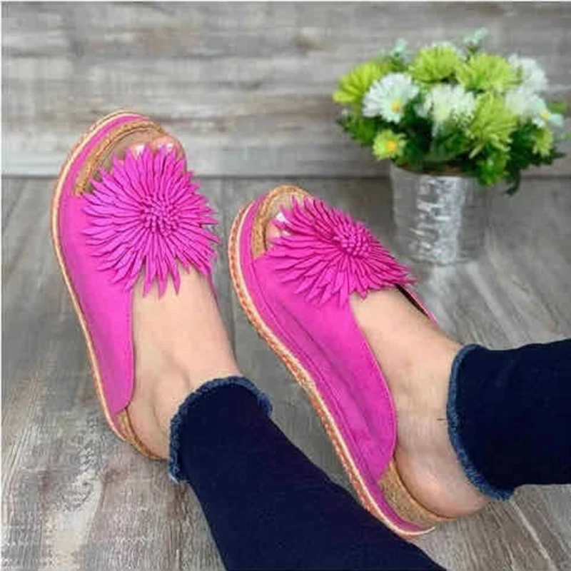 Women Elegant Flower Slip On Sandals Beach Comfy Boho Sunflower Platform Slippers Open Toe Shoes PU Leather