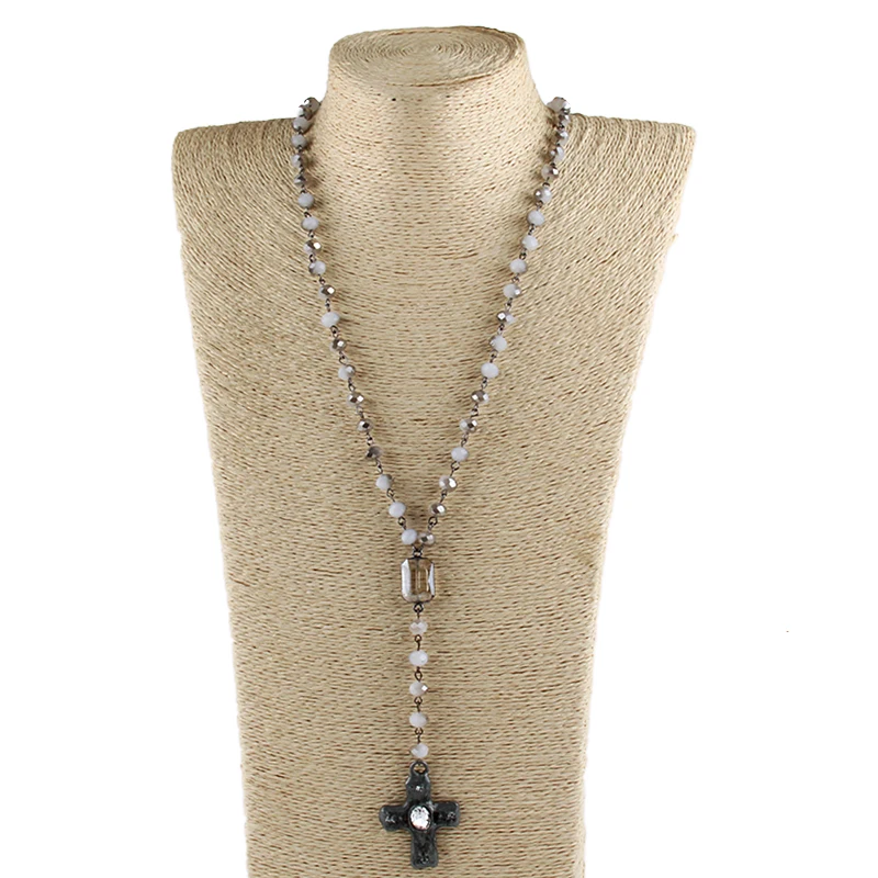 Fashion Bohemian Jewelry Black Crystal Glass Rosary Chain Cross Pendant Star Cross Necklaces