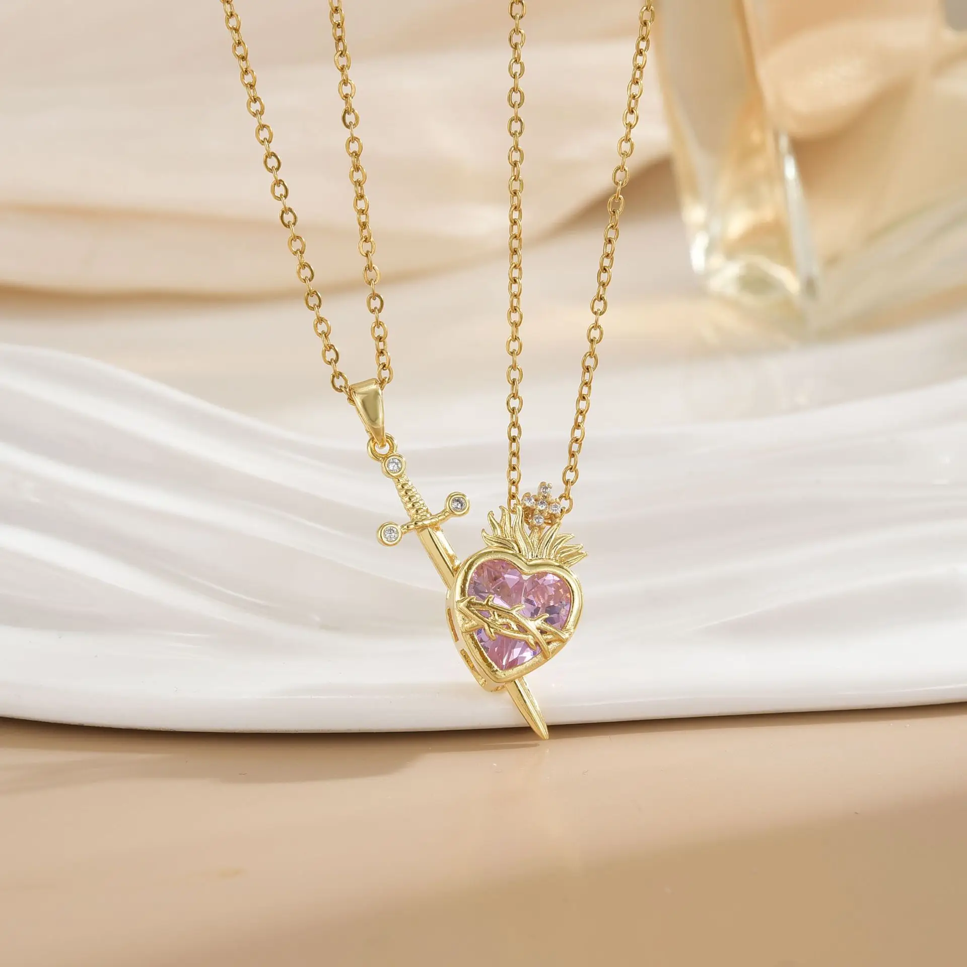 Rapunzel Pink Crystal Heart Sword Assembled Zircon Pendant Necklace for Couple Vintage Dagger Love Choker Chain Wedding Jewelry