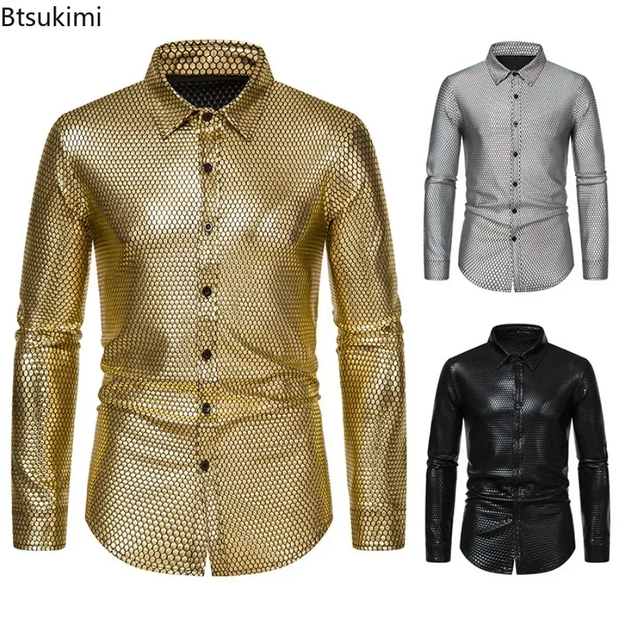 

New 2025 Men's 70s Disco Shirts Solid Slim Long Sleeve Single Breasted Shirts Party Prom Stage Nightclub Party Clothing for Men