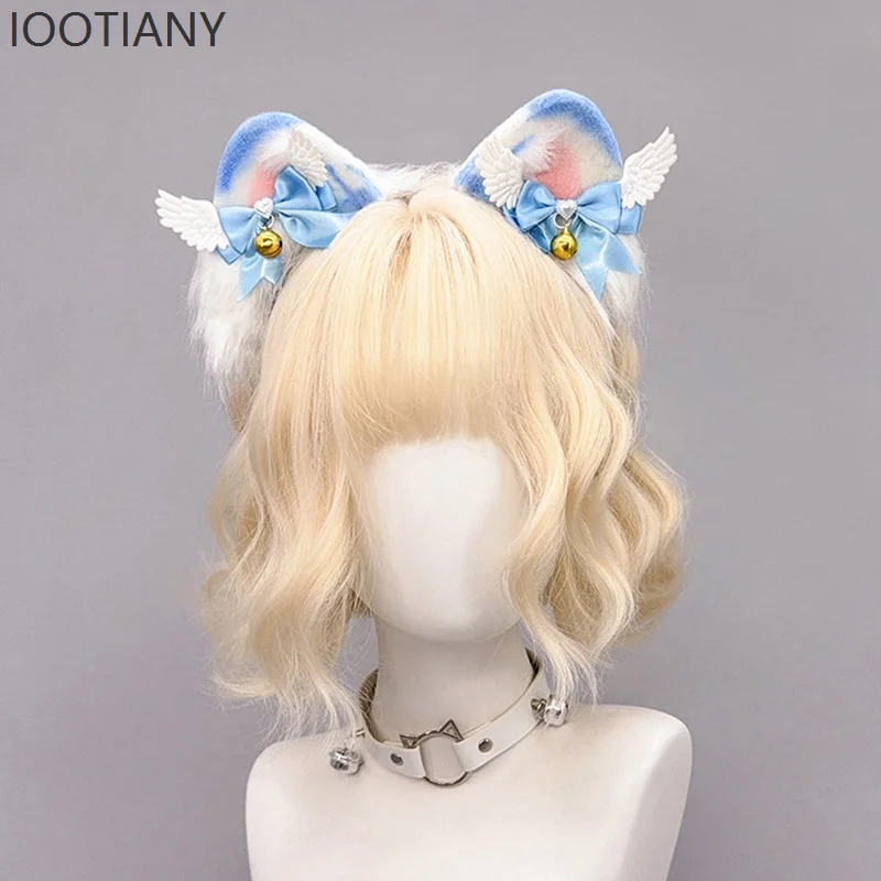 IOOTIANY Damska Urocza Opaska Lolita ze Skrzydłami, Wstążką, Kokardą, Dzwoneczkami, Uszami Misia, Pluszowym Ogonem, Futrzane Uszy Kota/Lisa, Zestaw Akcesoriów do Włosów 2025