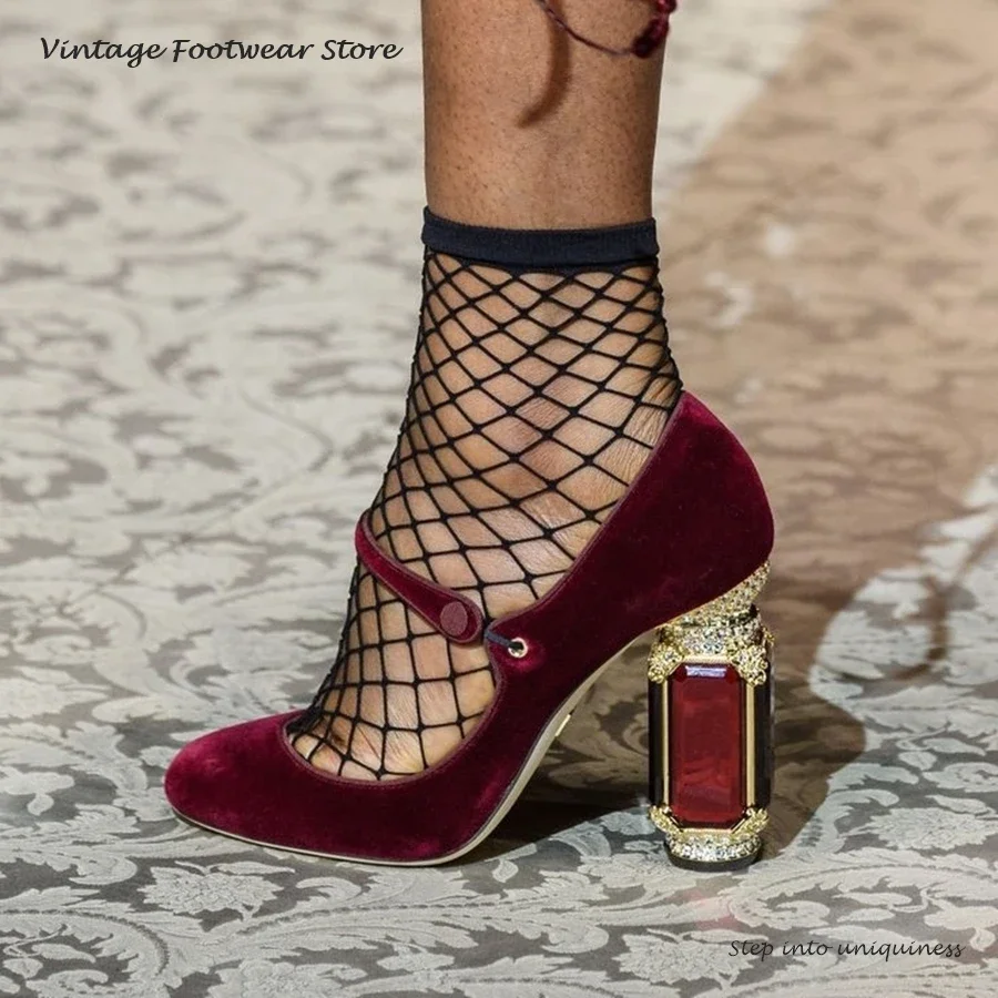 Vintage Velvet Crystal-Detailed Mary Jane Pumps Women's Pointed Toe Square Heel Shoes Spring Summer Fashion Buckle Strap Sandals