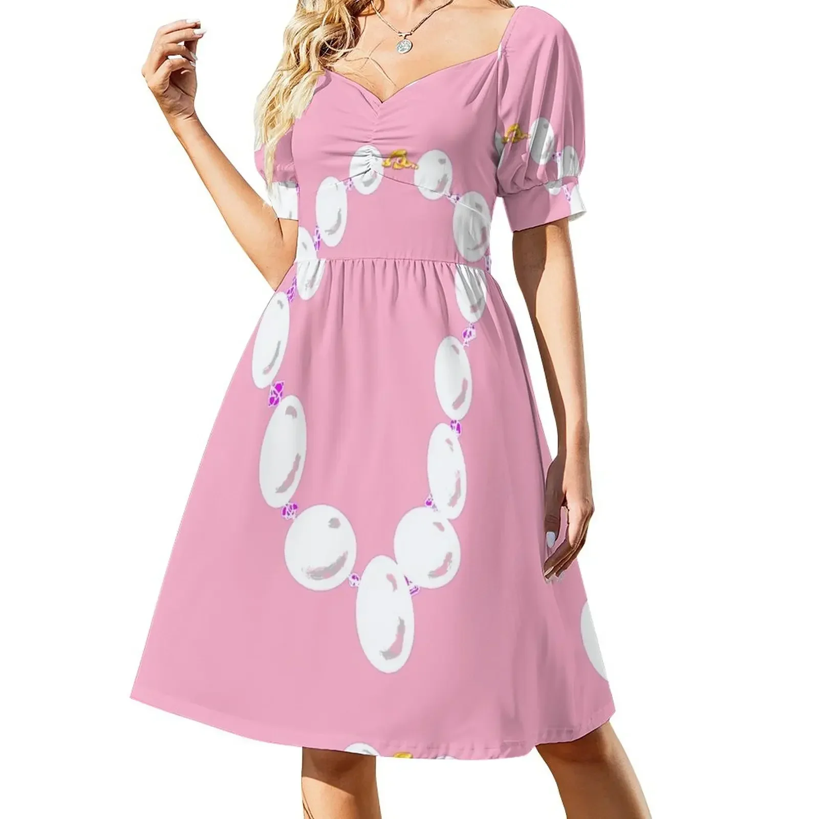 

Classic Pearls on Pink Short-Sleeved Dress wedding guest dress 2025 women dresses women's summer clothing 2025 Dress