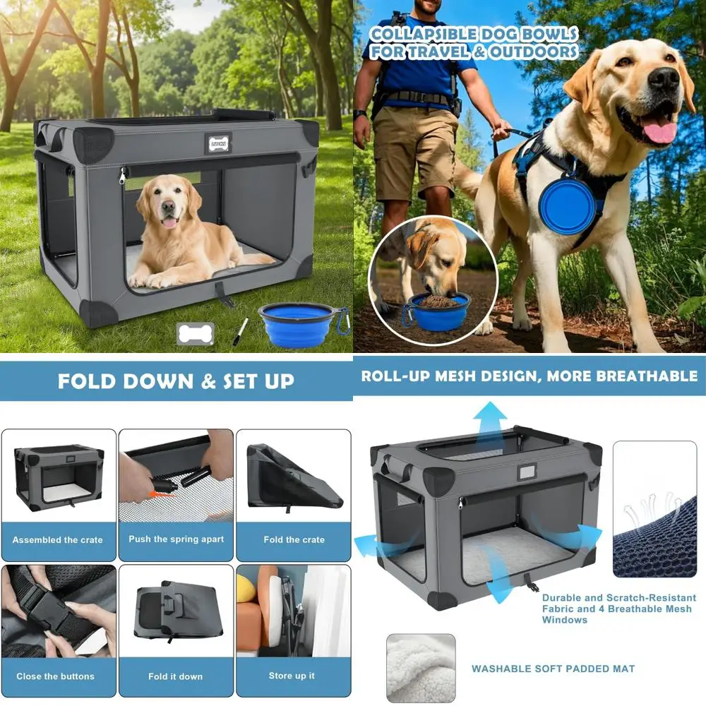 

Large Dog 36 Inch Collapsible Crate - 3-Door Foldable Soft Kennel with Breathable Mesh, Plush Mat, and Folding Design for Travel