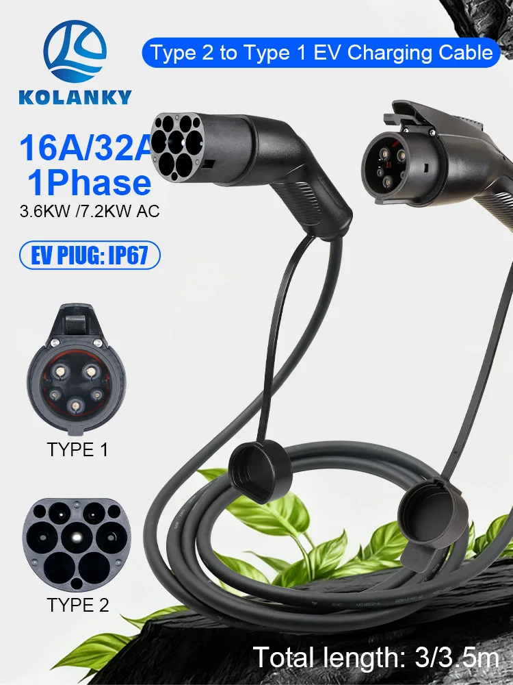 Draagbare 32A 7.2KW EV-oplaadkabel Type2 naar Type1 voor EV hybride PHEV-auto's Volledige lengte 3,5 /4M met openbare laadstations - afbeelding 2