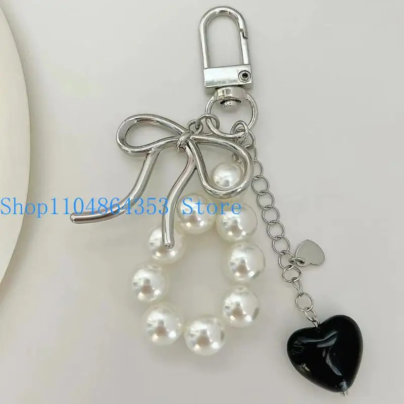 652F Fashion Bowknot Heart Pearls Keychain Pendant Backpack Handbag Charm Pendant Hangings Decoration Sweet Pendant Gift