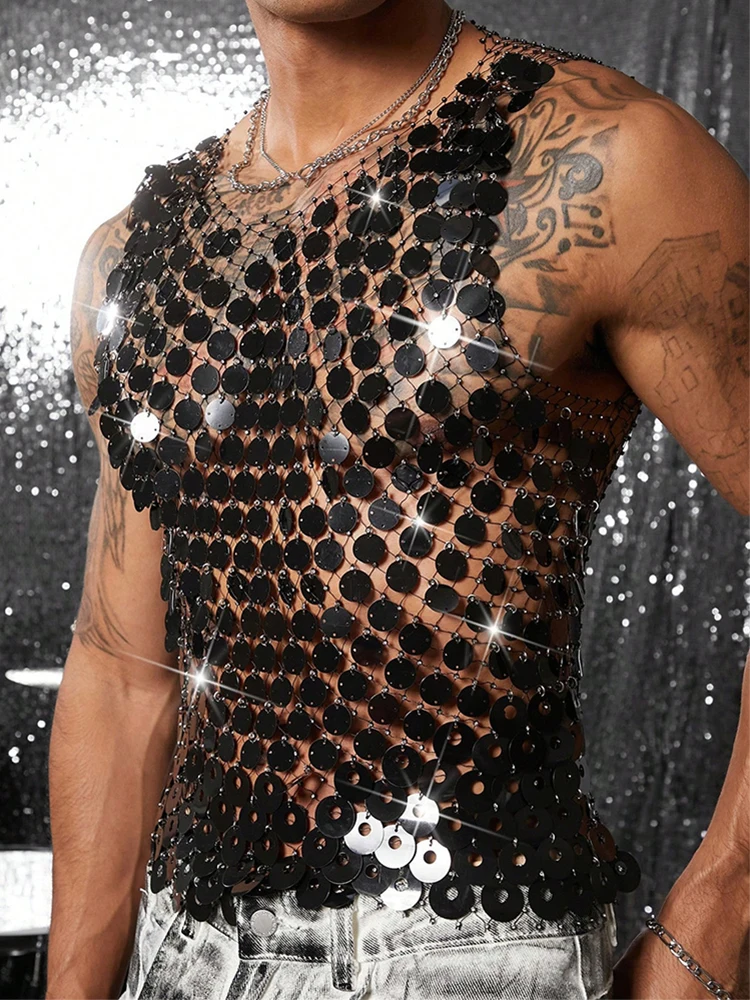 Vintage Glitter Sequin Shiny Mesh Tank Tops Men Summer Clubwear Sexy See Through Hollow Out Mesh Vest Mens Fashionable Camisoles