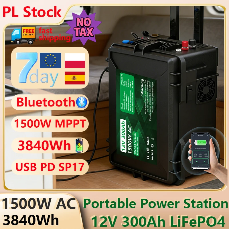 

12V 300Ah 1500W DC-AC LiFePO4 Battery Lithium Battery Bluetooth Portable BMS 6000+ Cycle IP56 Anderson USB PD QC EU STOCK NO TAX