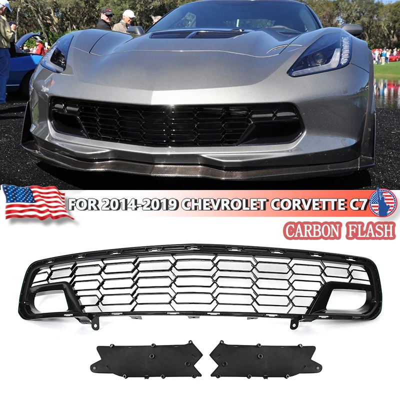 Front Bumper Hood Mesh Grid for Corvette C7 Z51 2014-2019 Front Lower Grille Without Camera Carbon Flash Honeycomb Mesh Grilles