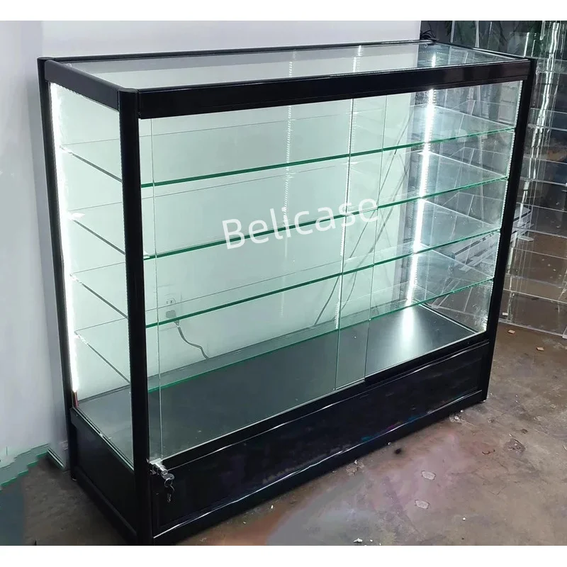 customized.Retail Convenience Store Lockable Counter Display Smoke Shop Glass Display Showcase with Led Lights